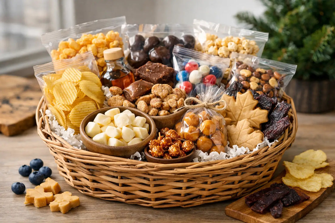 Exemple de panier cadeau de snacks québécois